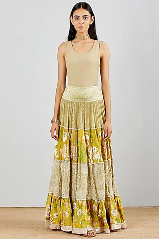 Green Georgette Chikankari Embroidered Tiered Skirt Set by Kavita Bhartia