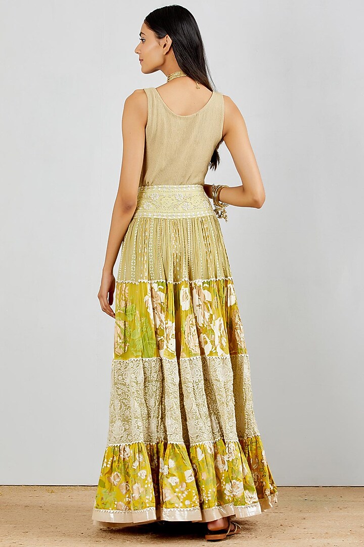 Green Georgette Chikankari Embroidered Tiered Skirt Set by Kavita Bhartia at Pernia's Pop Up Shop