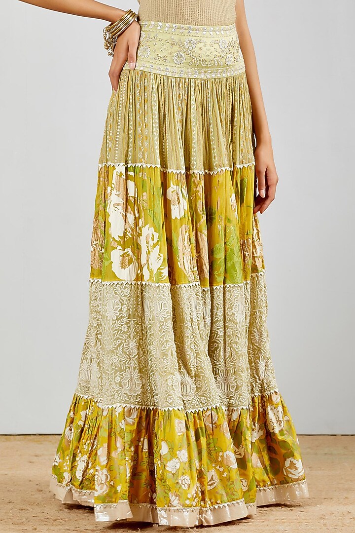 Green Georgette Chikankari Embroidered Tiered Skirt Set by Kavita Bhartia at Pernia's Pop Up Shop