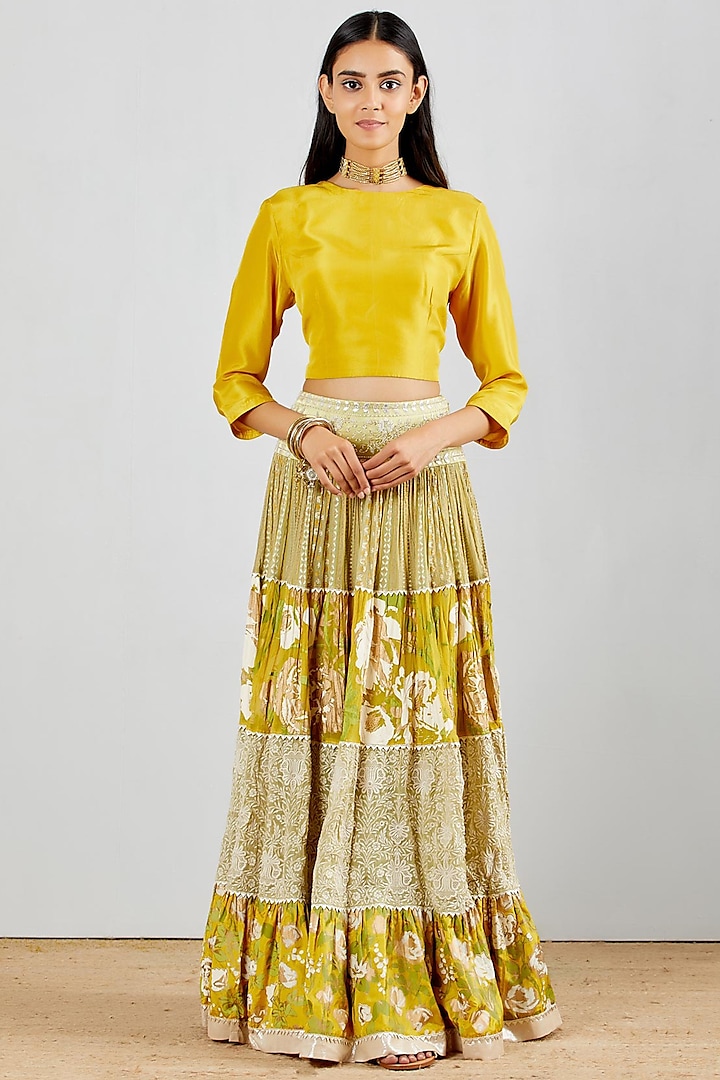 Green Chikankari Embroidered Tiered Skirt Set by Kavita Bhartia