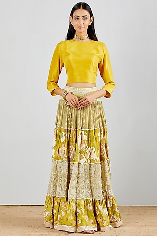 Green Silk Chikankari Embroidered Tiered Skirt Set by Kavita Bhartia
