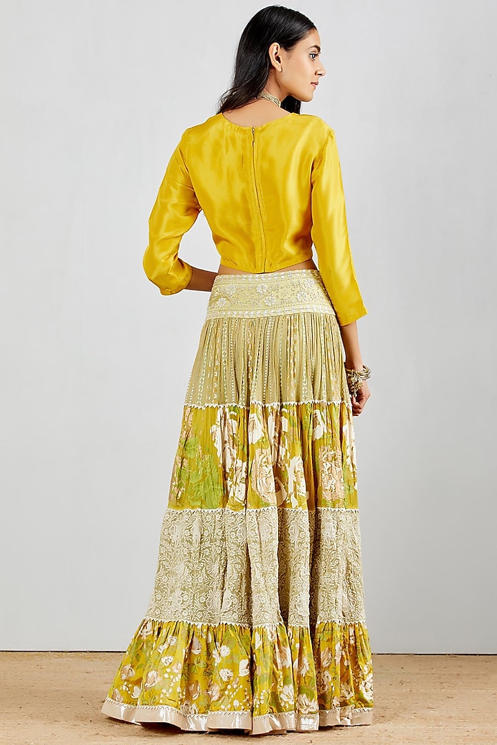 Green Silk Chikankari Embroidered Tiered Skirt Set by Kavita Bhartia at Pernia's Pop Up Shop