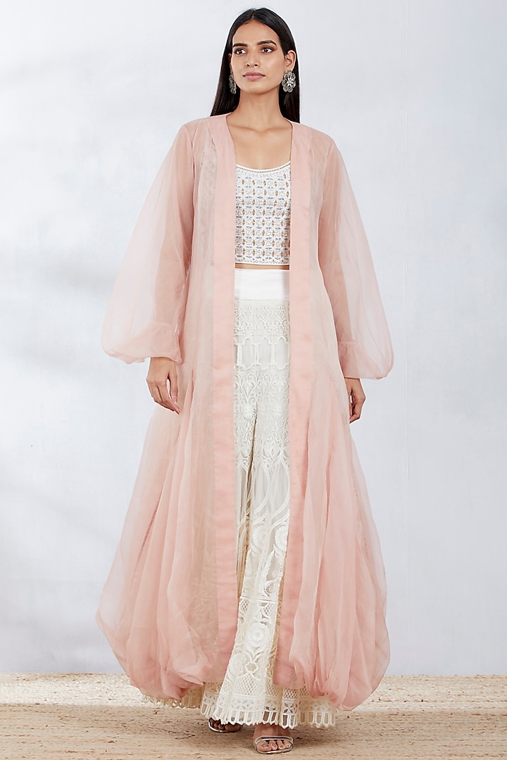 Ivory Embroidered Sharara Set With Cape by Kavita Bhartia