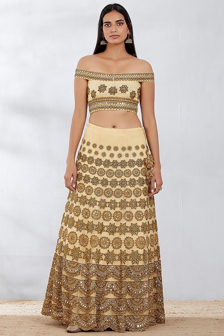Lemon Gold Skirt Set With Mirror Work by Kavita Bhartia