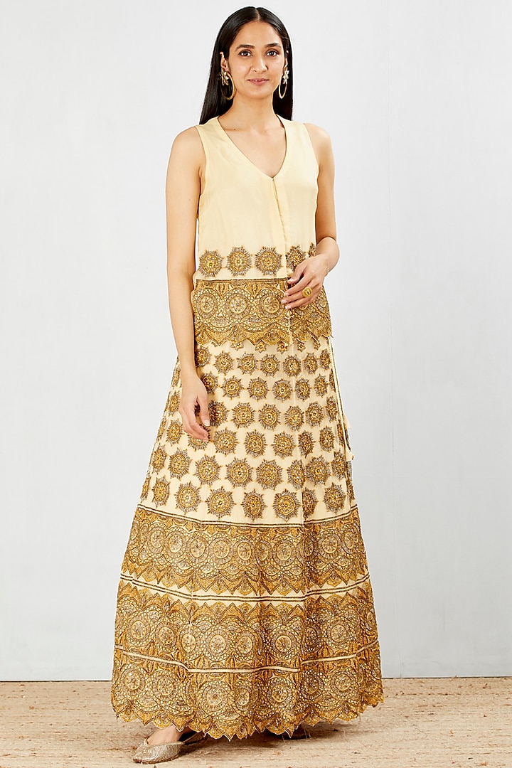 Lemon Gold Silk Organza Skirt Set by Kavita Bhartia