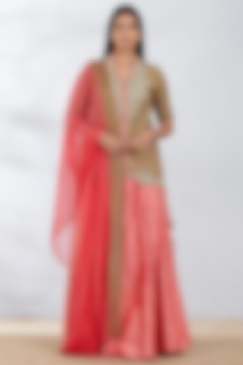 Beige & Coral Skirt Set With Embroidered Top by Kavita Bhartia
