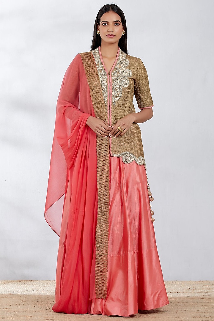 Beige & Coral Skirt Set With Embroidered Top by Kavita Bhartia