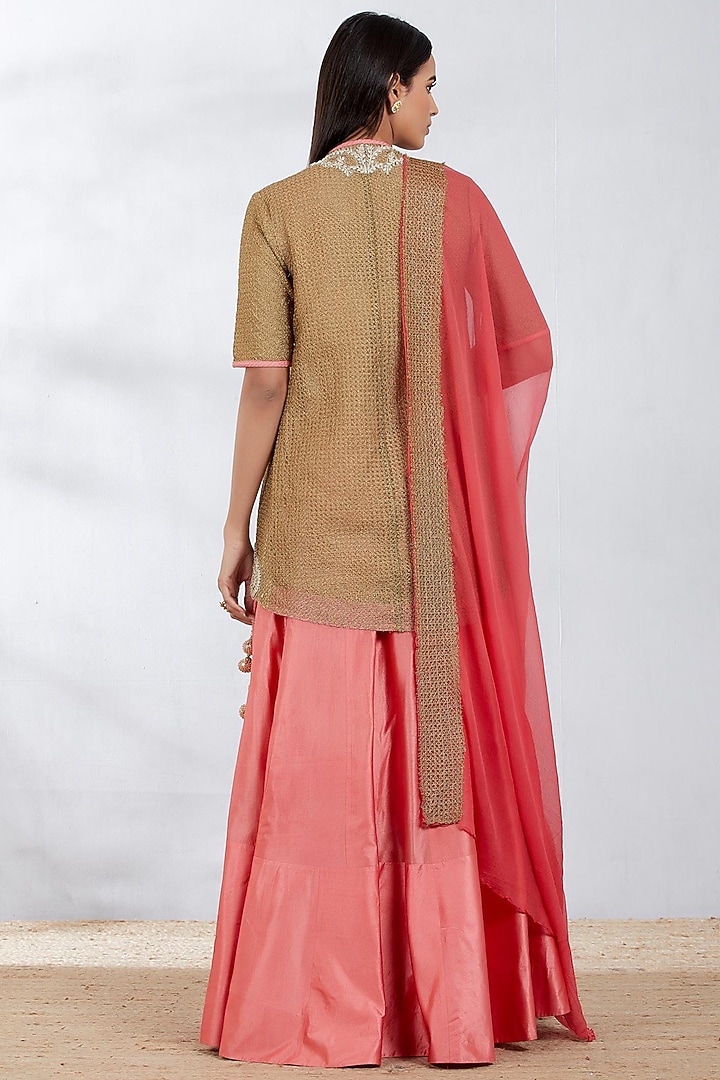 Beige & Coral Skirt Set With Embroidered Top by Kavita Bhartia at Pernia's Pop Up Shop