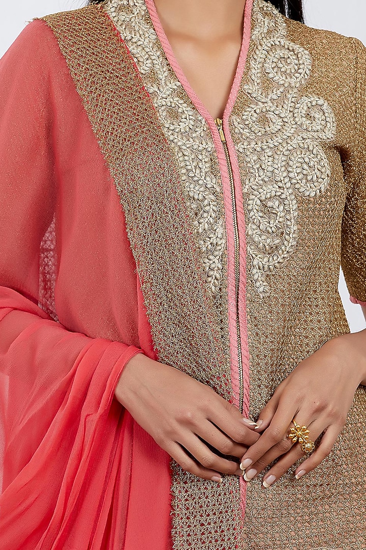 Beige & Coral Skirt Set With Embroidered Top by Kavita Bhartia at Pernia's Pop Up Shop