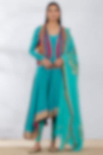 Teal Blue Kurta Set With Embroidered Jacket by Kavita Bhartia at Pernia's Pop Up Shop