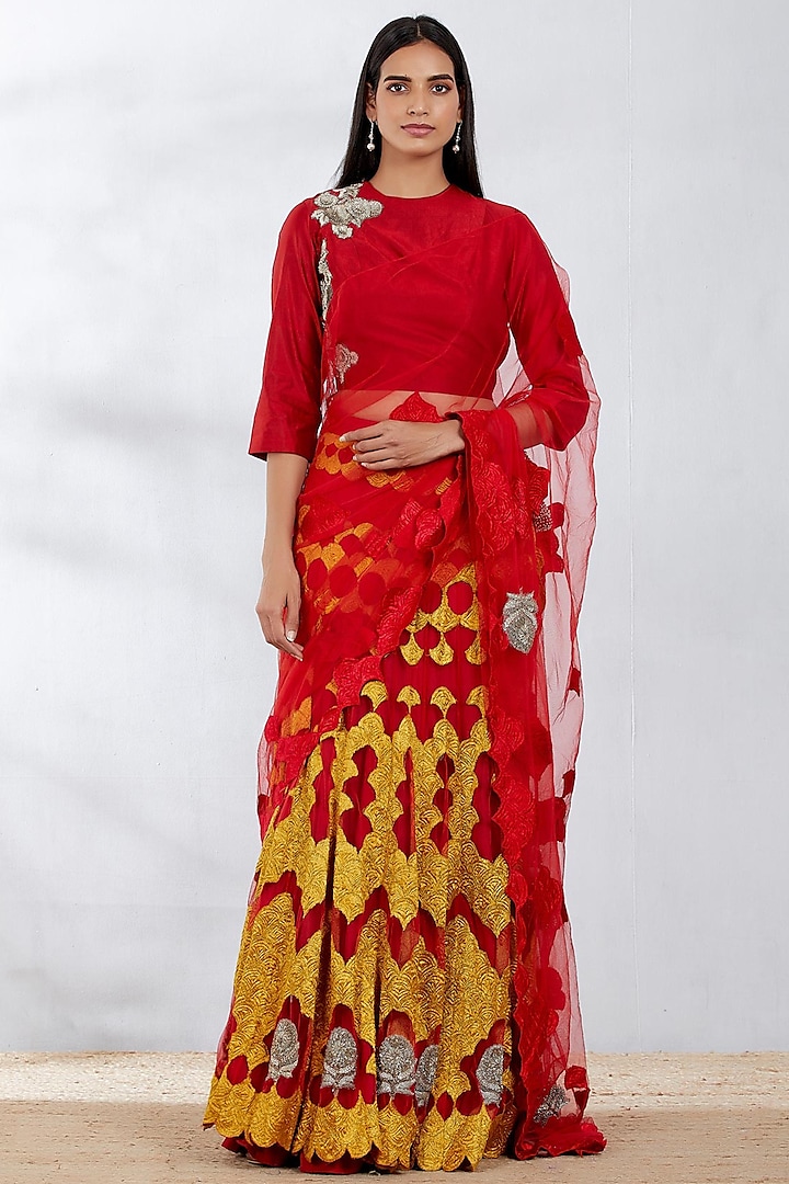 Red Embroidered Lehenga Saree Set by Kavita Bhartia