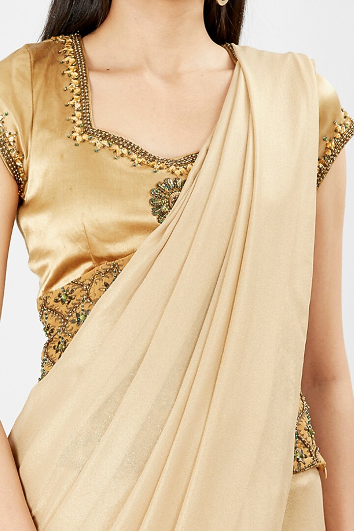 Golden Printed Pre-Stitched Wedding Saree Set by Kavita Bhartia at Pernia's Pop Up Shop