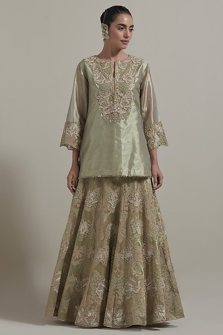 Sage Green Tissue Hand Embellished Kurta Set by Kavita Bhartia at Pernia's Pop Up Shop