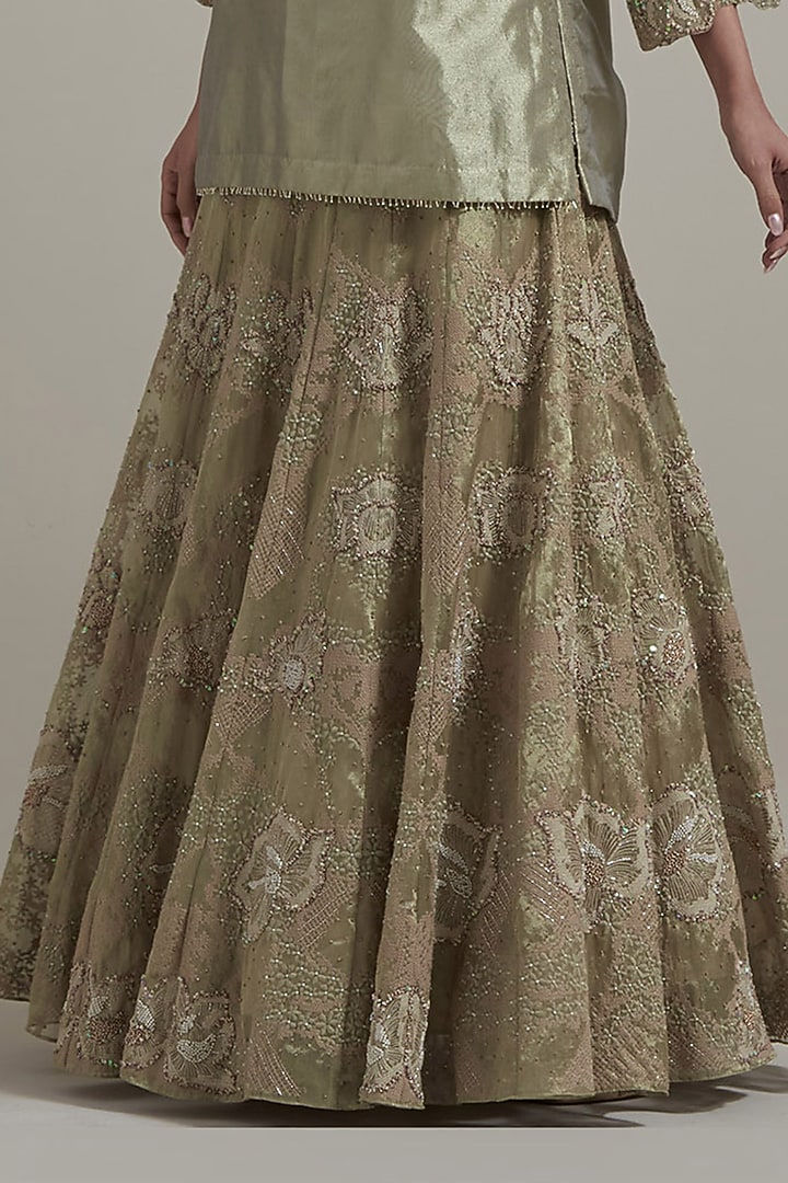 Sage Green Tissue Hand Embellished Kurta Set by Kavita Bhartia at Pernia's Pop Up Shop