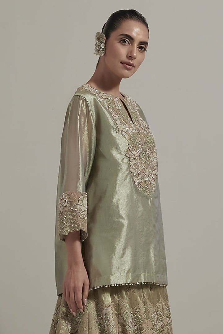 Sage Green Tissue Hand Embellished Kurta Set by Kavita Bhartia at Pernia's Pop Up Shop