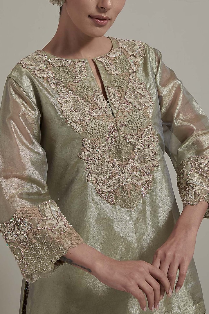 Sage Green Tissue Hand Embellished Kurta Set by Kavita Bhartia at Pernia's Pop Up Shop