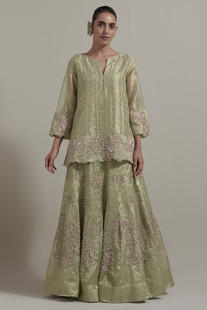 Green Tissue Hand Embellished Kurta Set by Kavita Bhartia at Pernia's Pop Up Shop