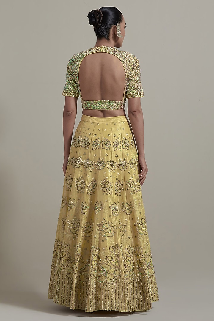 Green & Gold Cotton Lycra Hand Embellished Bridal Lehenga Set by Kavita Bhartia at Pernia's Pop Up Shop