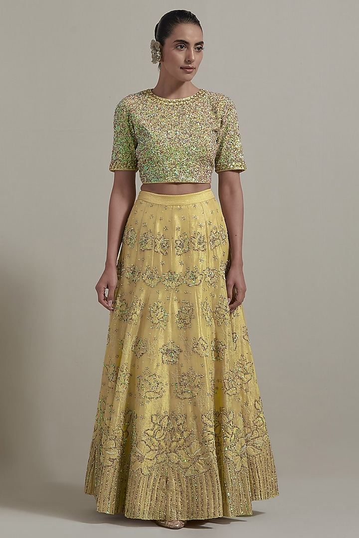 Green & Gold Cotton Lycra Hand Embellished Bridal Lehenga Set by Kavita Bhartia at Pernia's Pop Up Shop