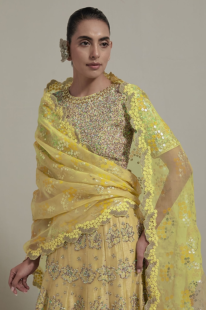 Green & Gold Cotton Lycra Hand Embellished Bridal Lehenga Set by Kavita Bhartia at Pernia's Pop Up Shop