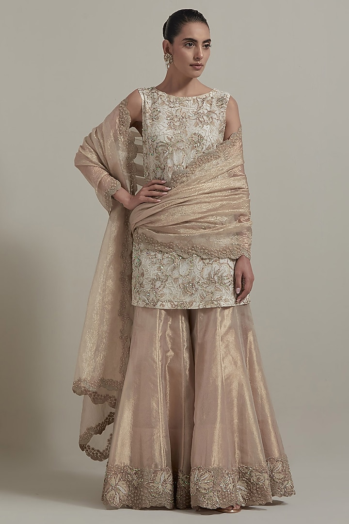 Pink Organza & Tissue Embellished Bridal Sharara Set by Kavita Bhartia at Pernia's Pop Up Shop