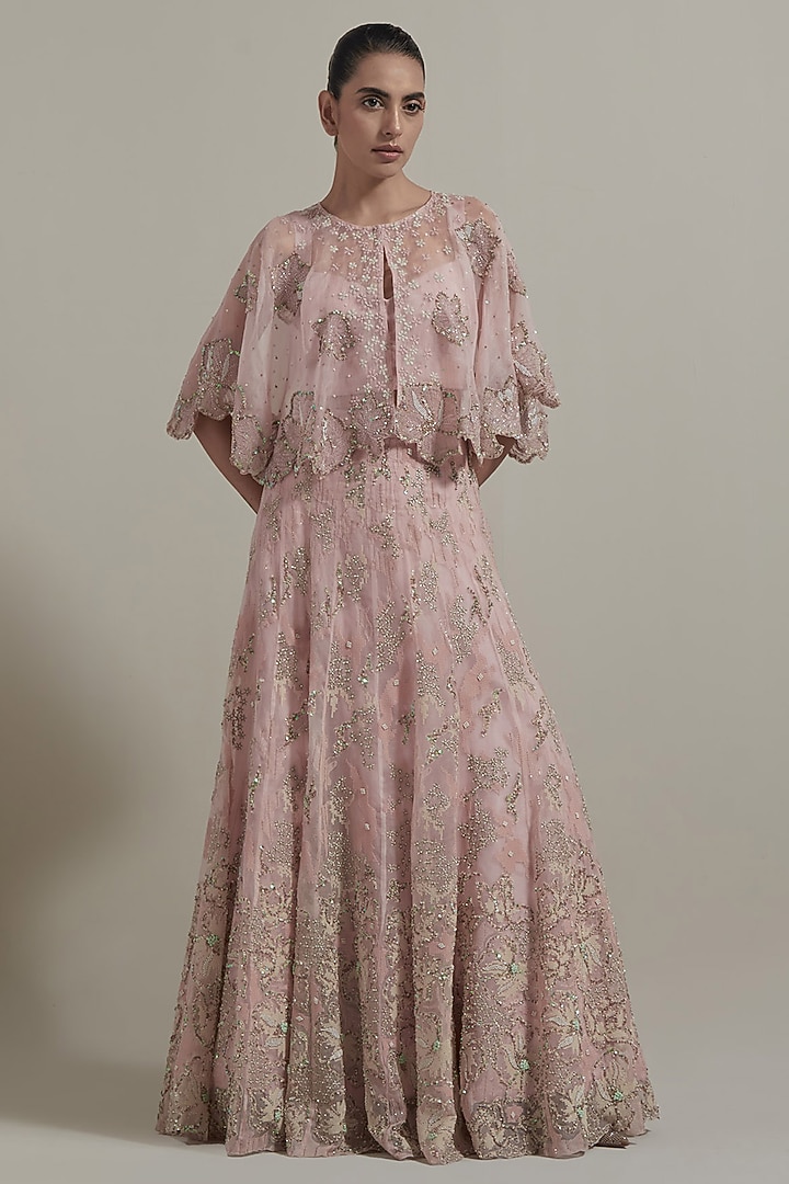Pink Organza Tissue Hand Embellished Cape Set by Kavita Bhartia at Pernia's Pop Up Shop