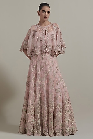 Pink Organza Tissue Hand Embellished Cape Set by Kavita Bhartia