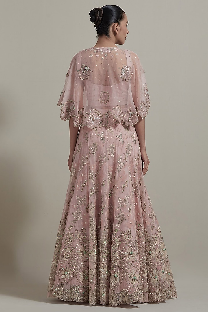 Pink Organza Tissue Hand Embellished Cape Set by Kavita Bhartia at Pernia's Pop Up Shop
