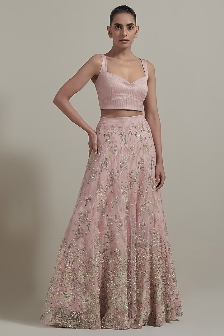 Pink Organza Tissue Hand Embellished Cape Set by Kavita Bhartia at Pernia's Pop Up Shop