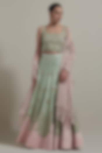 Green Malai Satin & Organza Wedding Lehenga Set by Kavita Bhartia at Pernia's Pop Up Shop