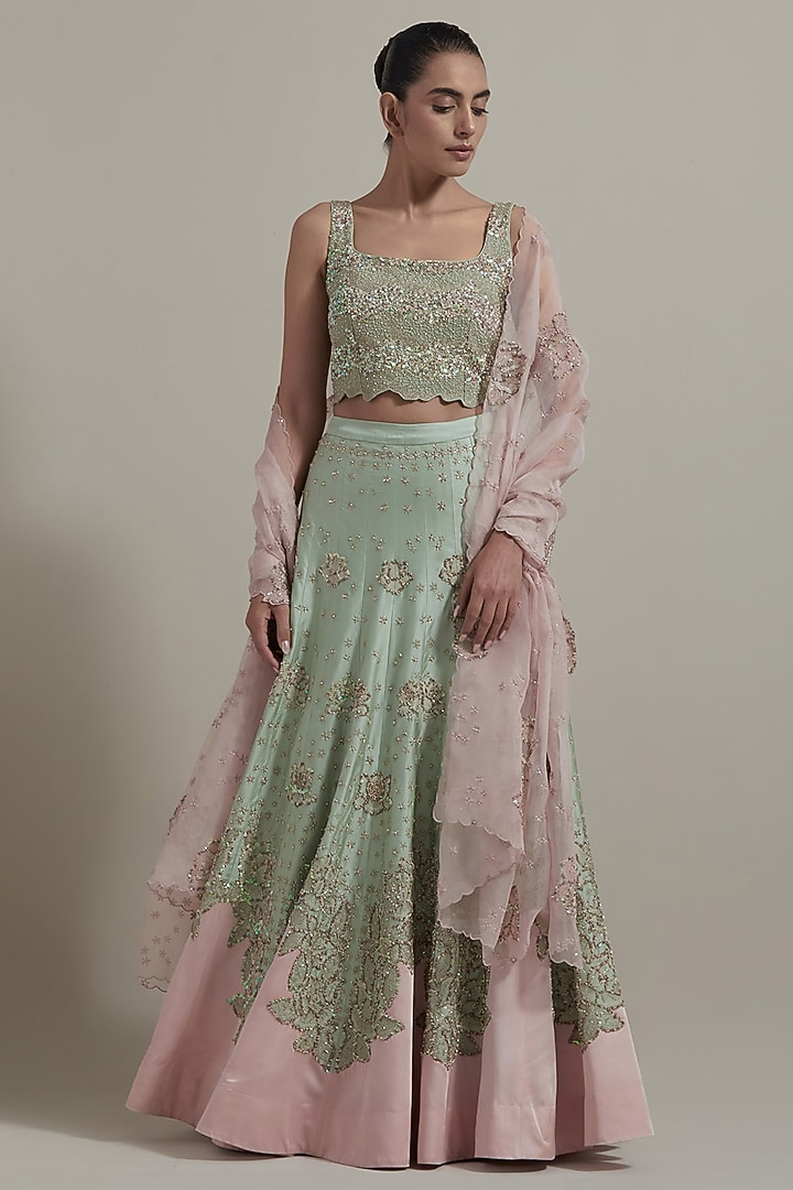 Green Malai Satin & Organza Wedding Lehenga Set by Kavita Bhartia at Pernia's Pop Up Shop