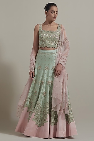 Green Malai Satin & Organza Lehenga Set by Kavita Bhartia