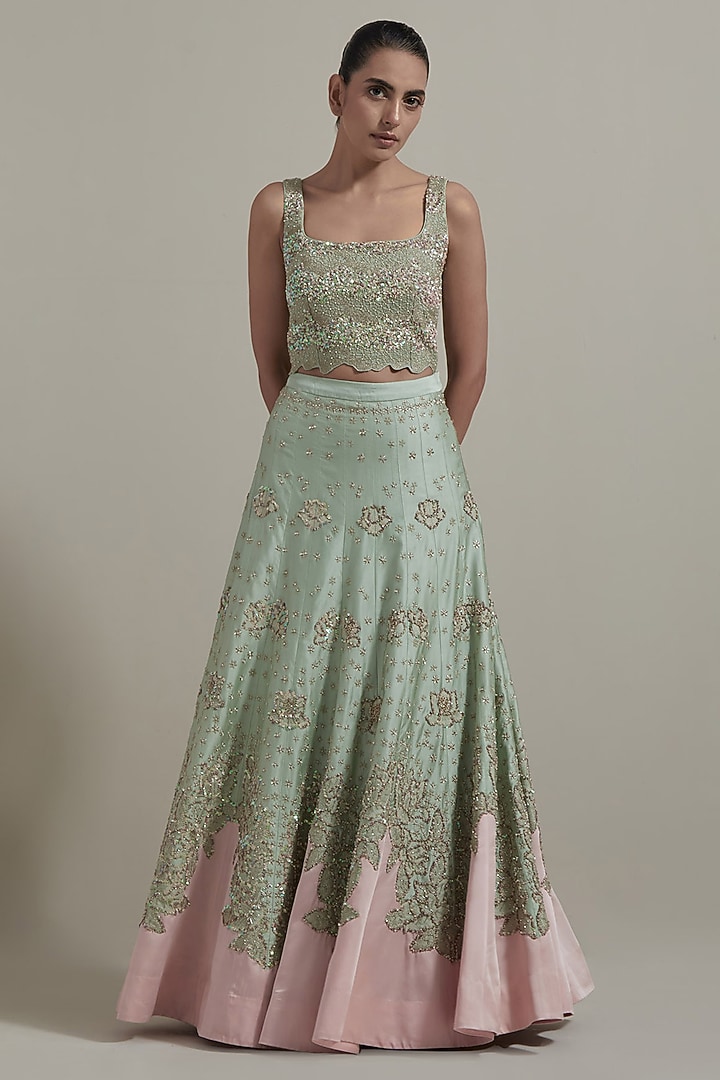Green Malai Satin & Organza Wedding Lehenga Set by Kavita Bhartia at Pernia's Pop Up Shop