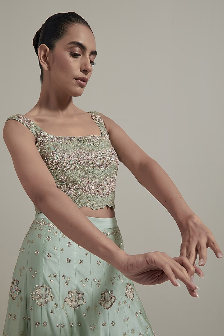 Green Malai Satin & Organza Wedding Lehenga Set by Kavita Bhartia at Pernia's Pop Up Shop