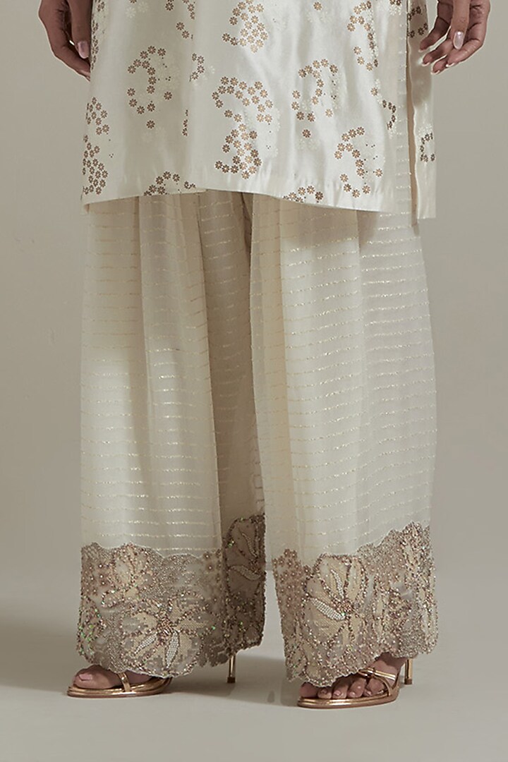 Ivory Silk & Lurex Georgette Cutwork Embellished Kurta Set by Kavita Bhartia at Pernia's Pop Up Shop