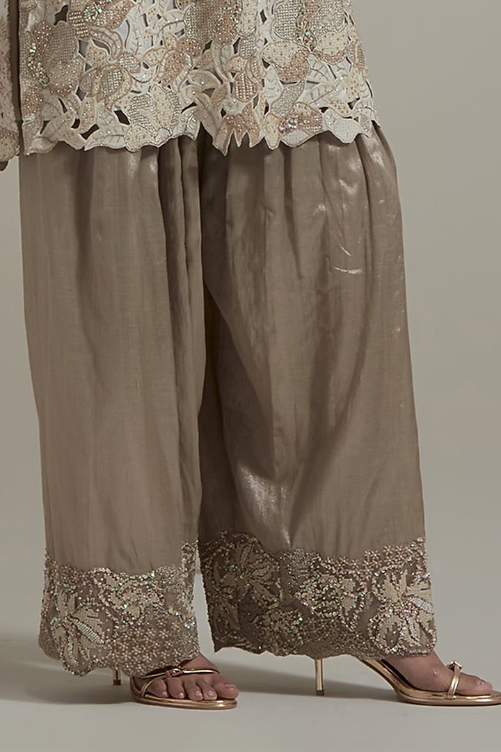 Ivory Dupion Silk Cutwork Embellished Kurta Set by Kavita Bhartia at Pernia's Pop Up Shop