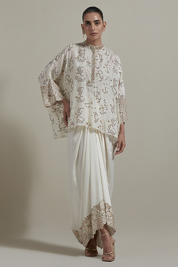 Ivory Malai Satin Draped Skirt Set by Kavita Bhartia at Pernia's Pop Up Shop