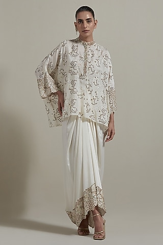 Ivory Malai Satin Draped Skirt Set by Kavita Bhartia