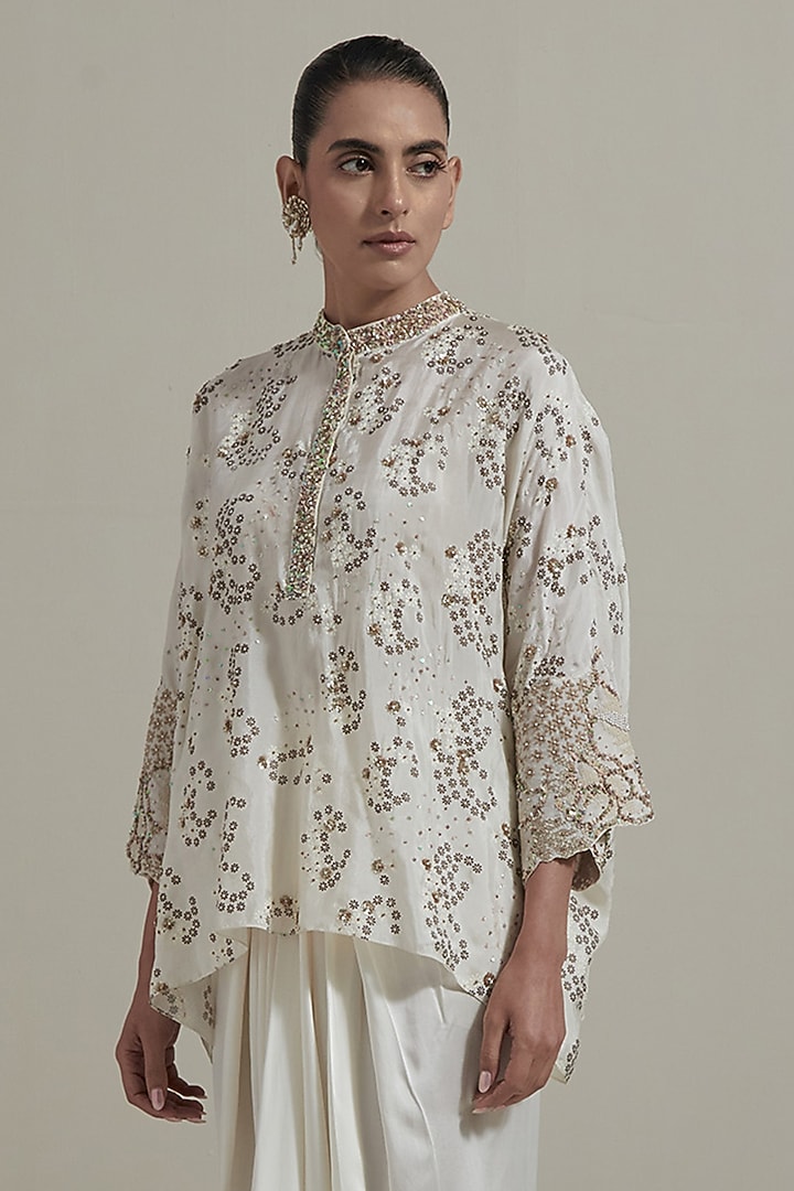 Ivory Malai Satin Draped Skirt Set by Kavita Bhartia at Pernia's Pop Up Shop