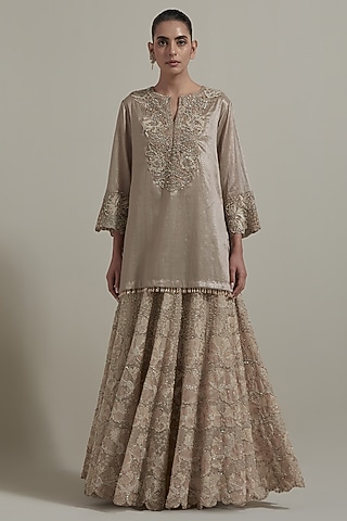 Beige Tissue Hand Embellished Kurta  by Kavita Bhartia