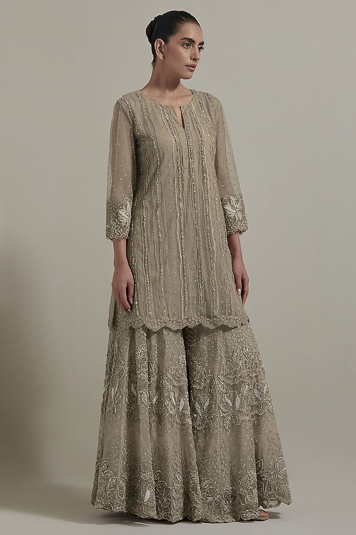 Beige Organza & Net Embellished Bridal Sharara Set by Kavita Bhartia at Pernia's Pop Up Shop