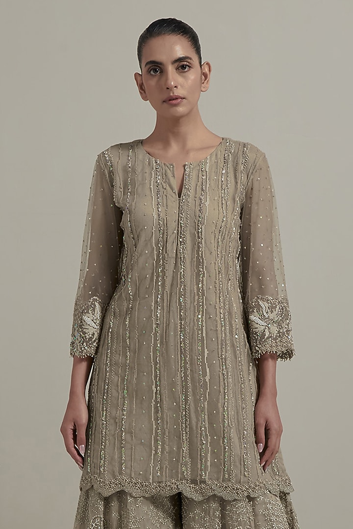 Beige Organza & Net Embellished Bridal Sharara Set by Kavita Bhartia at Pernia's Pop Up Shop