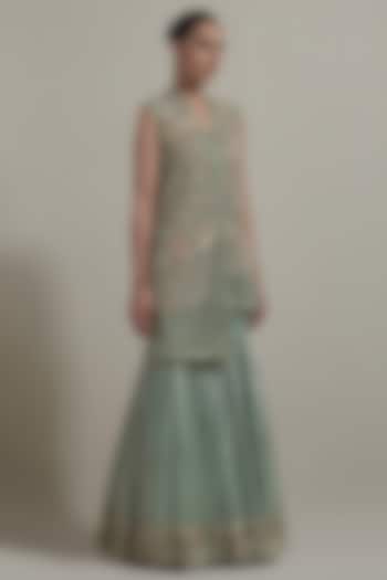 Green Net & Tissue Embellished Gharara Set by Kavita Bhartia at Pernia's Pop Up Shop