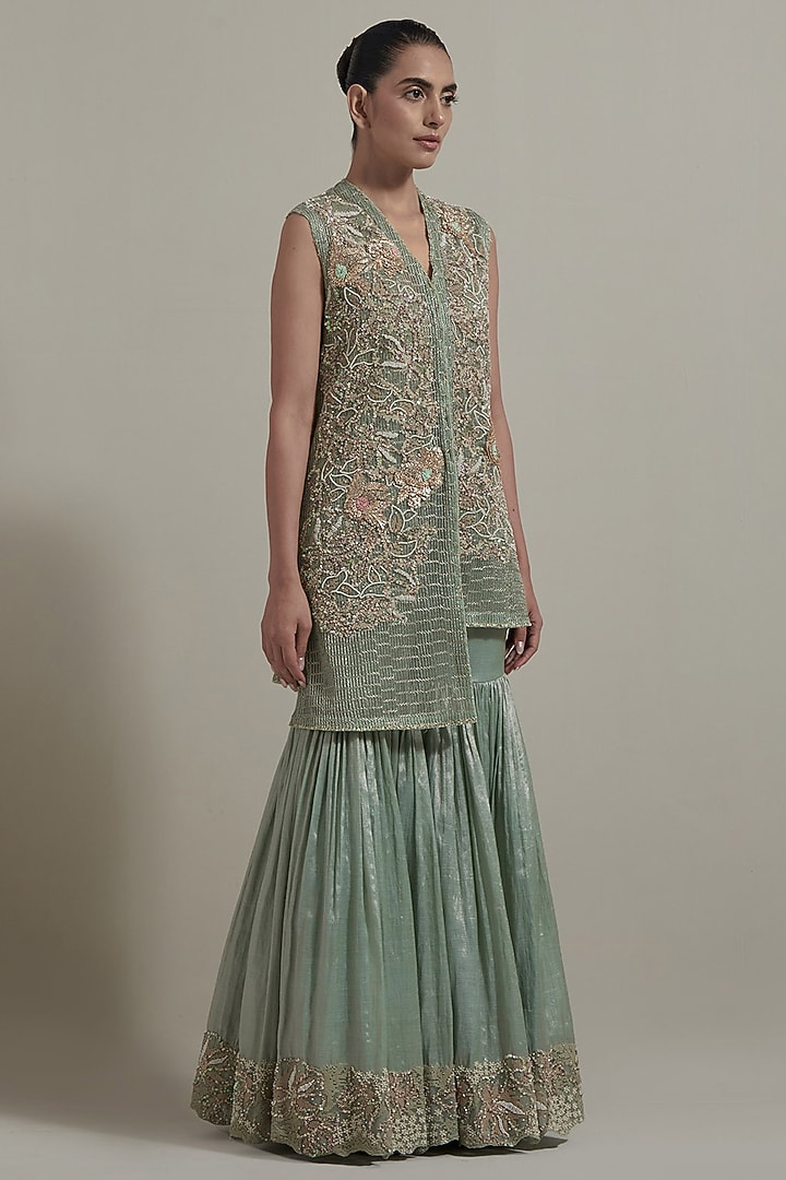 Green Net & Tissue Embellished Gharara Set by Kavita Bhartia at Pernia's Pop Up Shop