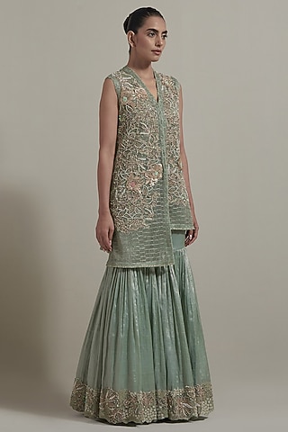 Green Net & Tissue Embellished Gharara Set by Kavita Bhartia