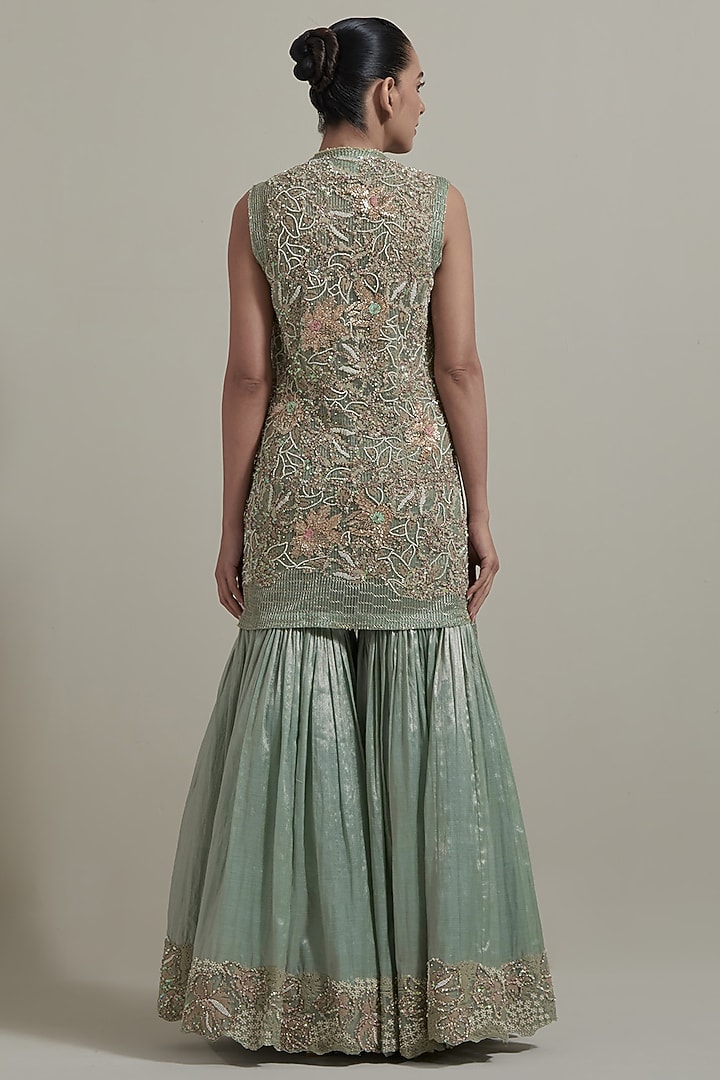 Green Net & Tissue Embellished Gharara Set by Kavita Bhartia at Pernia's Pop Up Shop