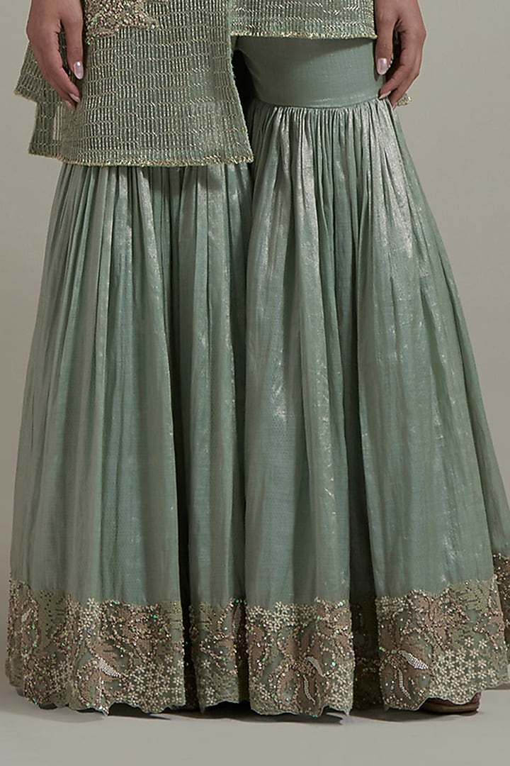 Green Net & Tissue Embellished Gharara Set by Kavita Bhartia at Pernia's Pop Up Shop