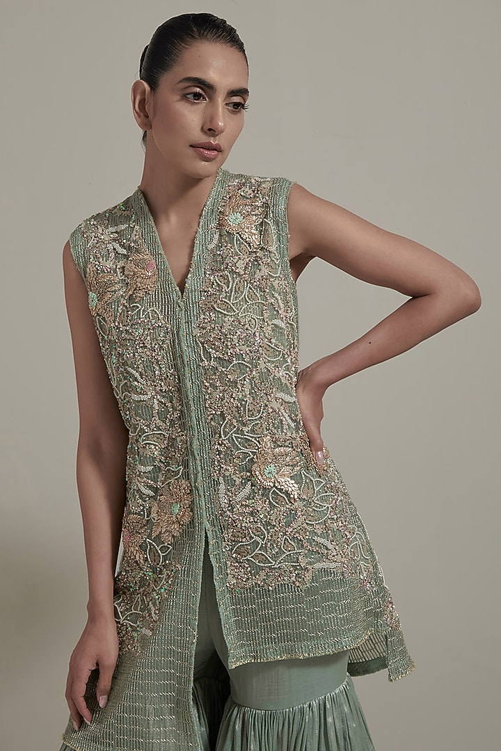 Green Net & Tissue Embellished Gharara Set by Kavita Bhartia at Pernia's Pop Up Shop
