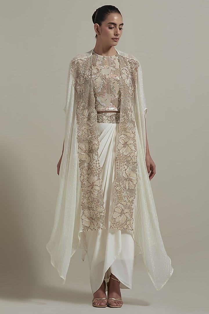 Ivory Lurex Georgette & Net Cape Set by Kavita Bhartia at Pernia's Pop Up Shop