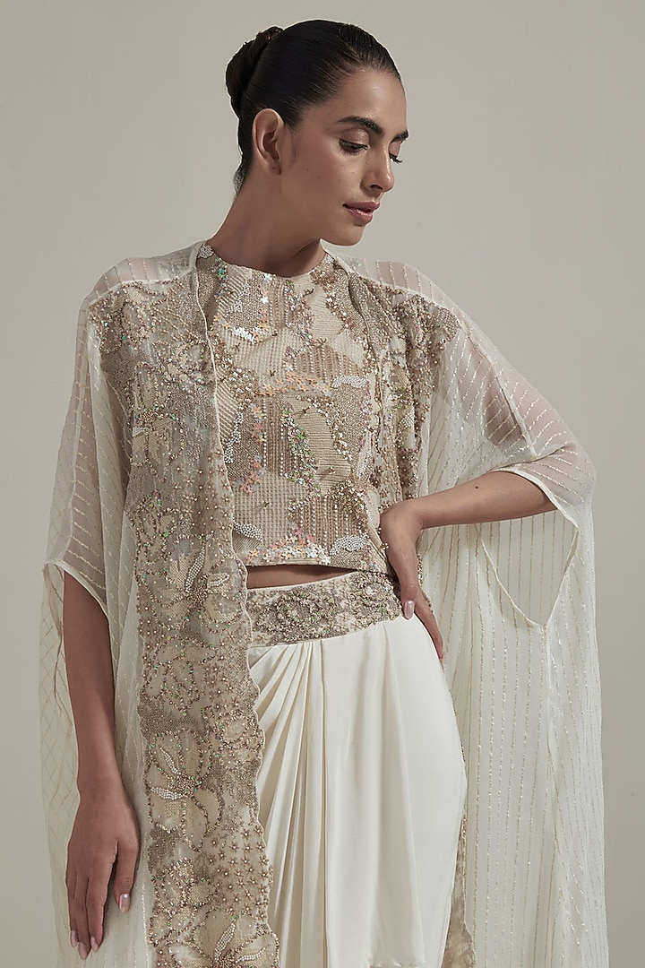 Ivory Lurex Georgette & Net Cape Set by Kavita Bhartia at Pernia's Pop Up Shop